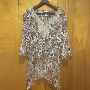 Catherines Autumn Multicolor Abstract Print Pleat Blouse-Crochet Trim-Sz 0X-Boho